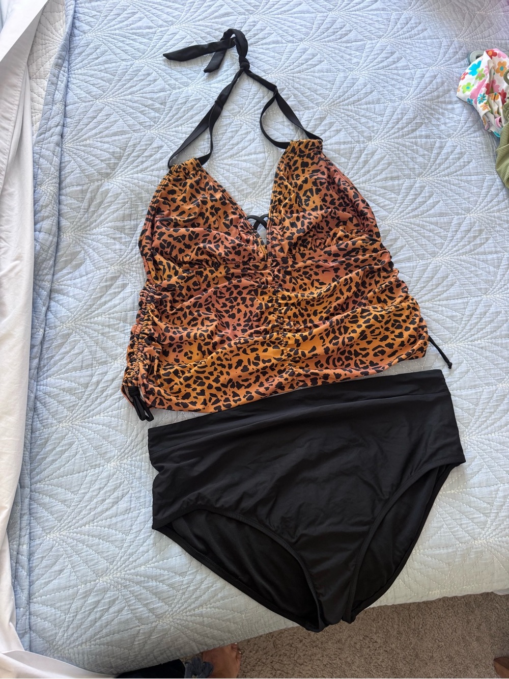 Leopard Print Halter Tankini Top with Black High Waist Bottoms